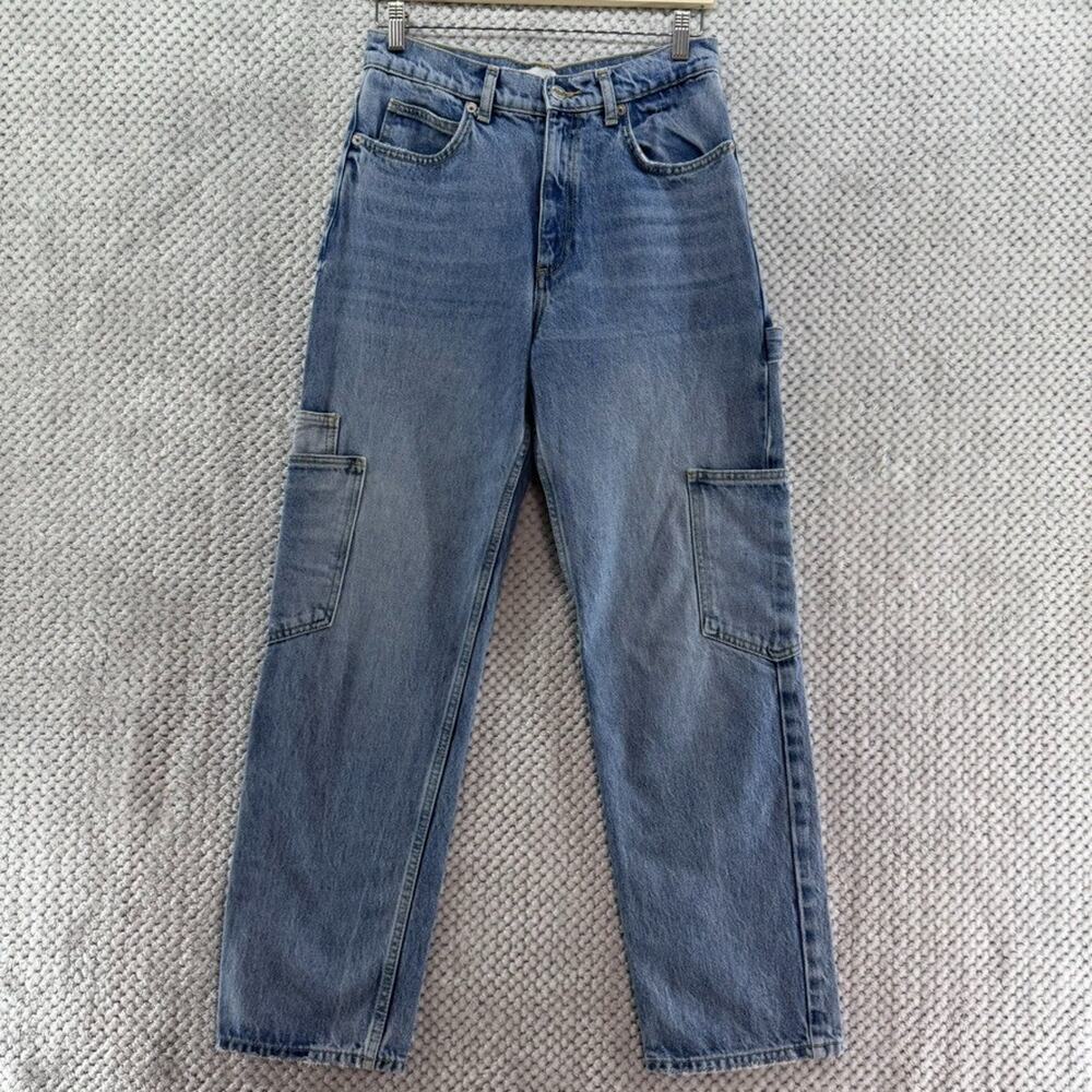 Zara Jeans Womens 4 Blue Medium Wash Cargo Carpenter Straight Legh High Rise